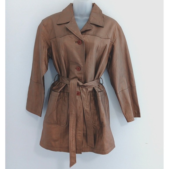 Newport News Jackets & Blazers - VTG Leather Trench Coat Belted Women Small Metalic Gold Belted‎ Countryside Chic